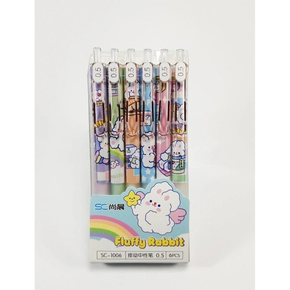 Fluffy Rabbit 6 Piece Gel Pen Set 0.5mm Black Ink Kawaii Pastel Stationery